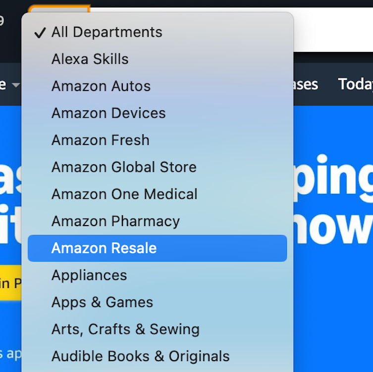 dropdown menu featuring various amazon departments with amazon resale highlighted