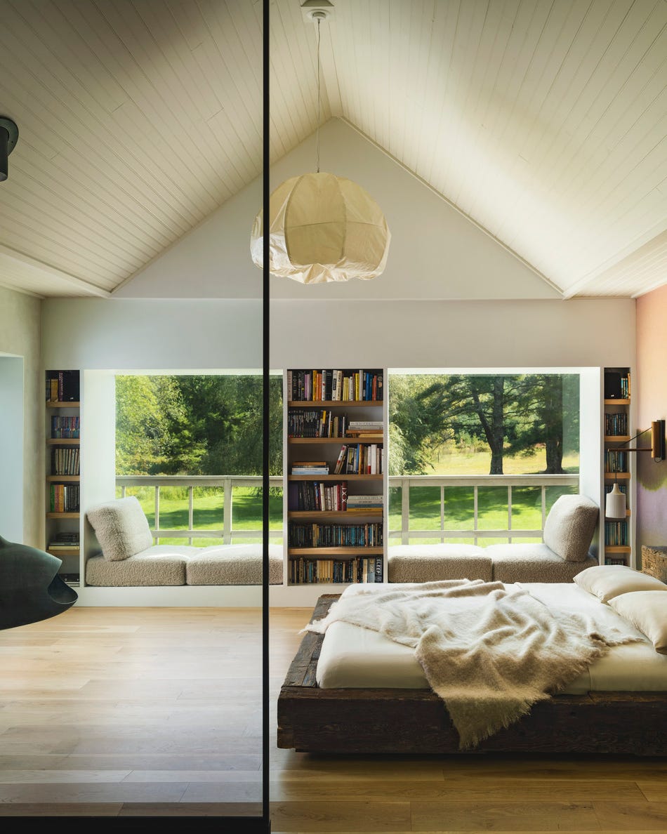 woodstock, new york farmhouse designed by melissa anderson of oad interiors. primary bedroom.