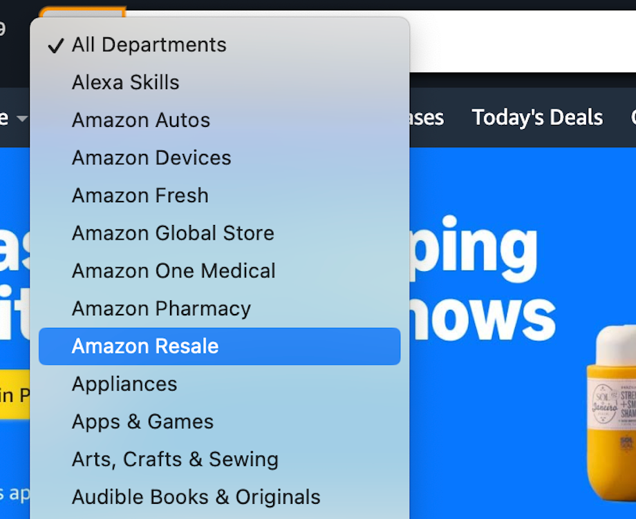 dropdown menu featuring various amazon departments with amazon resale highlighted