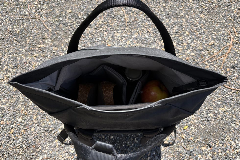 Top view of an open bag showing its contents.