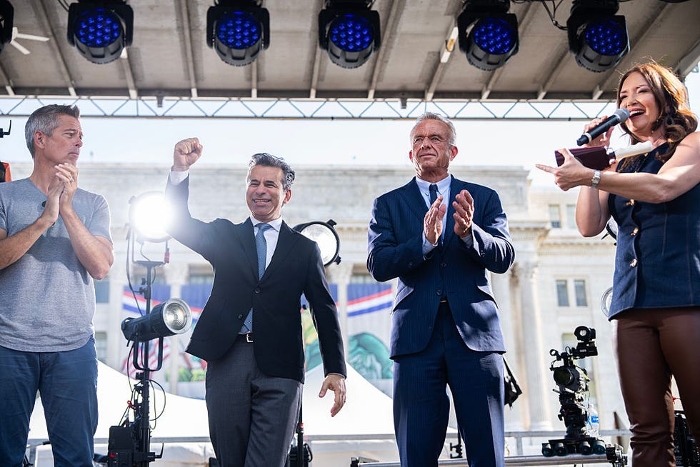 united states august 4 from left, transportation secretary sean duffy, fda commissioner dr marty makary, hhs secretary robert f kennedy jr, and secretary of agriculture brooke rollins are seen on stage at the inaugural great american farmers market on the national mall on monday, august 4, 2025 tom williamscqroll call, inc via getty images
