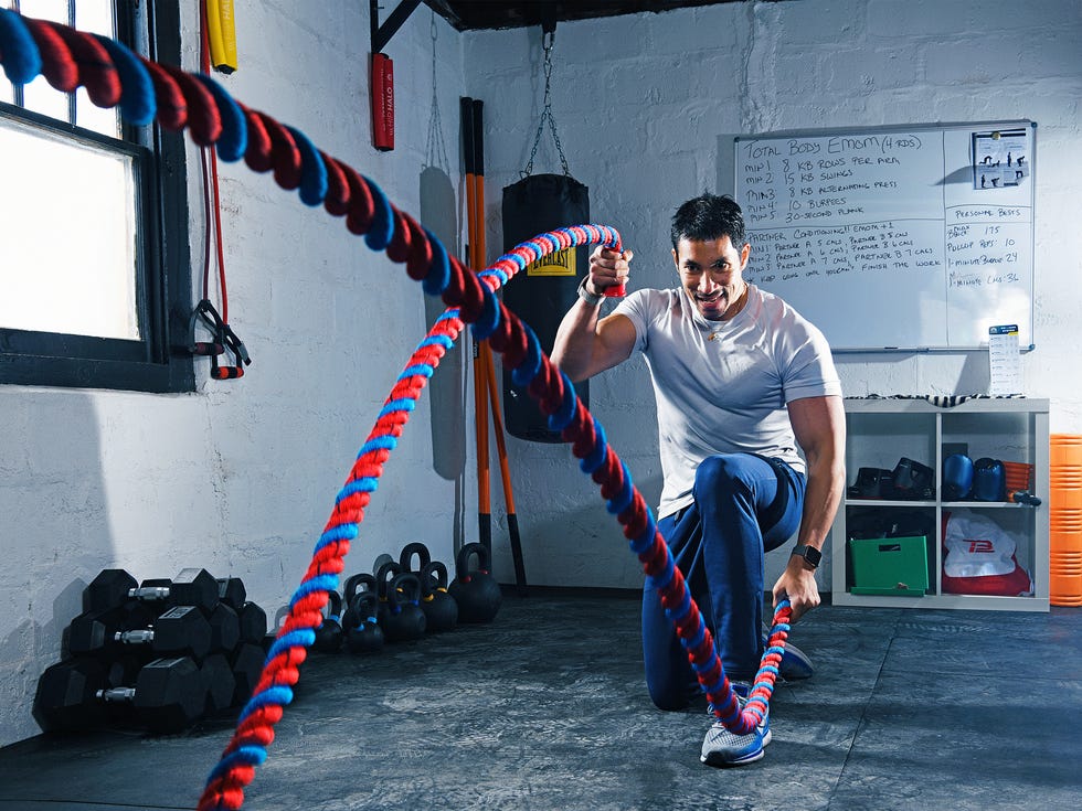 Compact home gym setup with fitness equipment