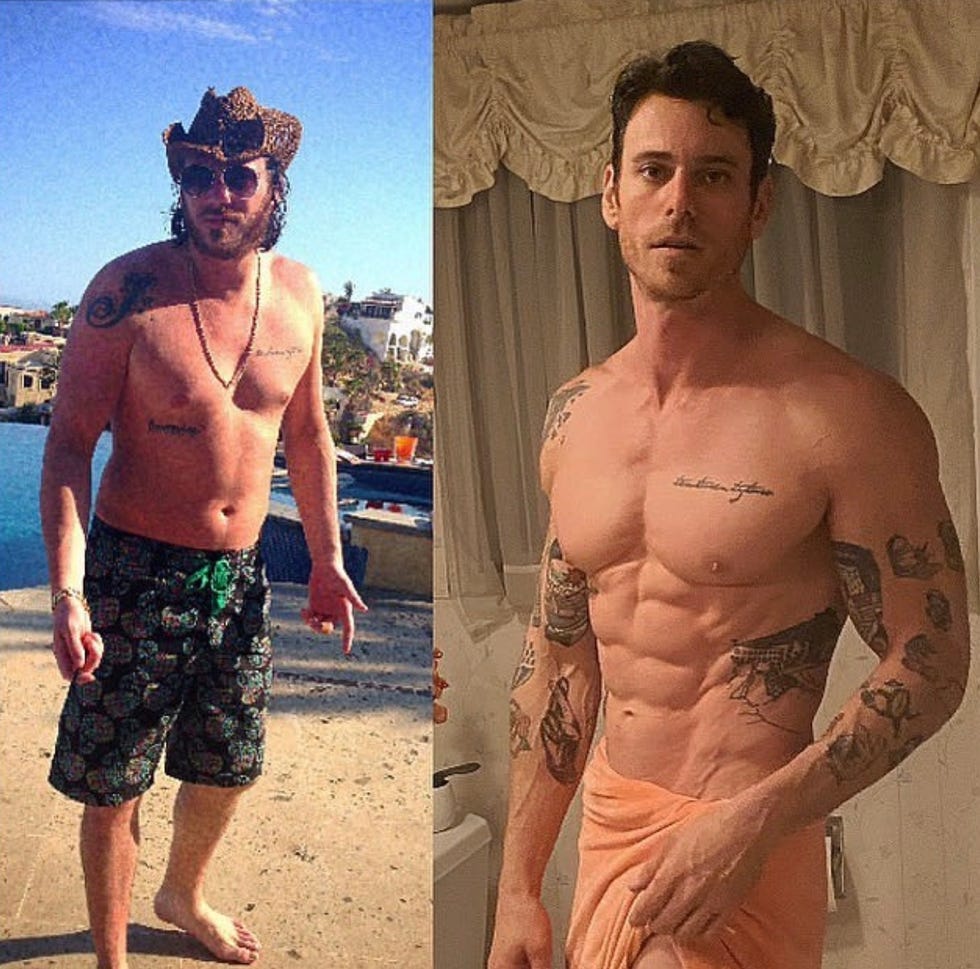 Side-by-side comparison of Jay Galvin showing a significant physical transformation.