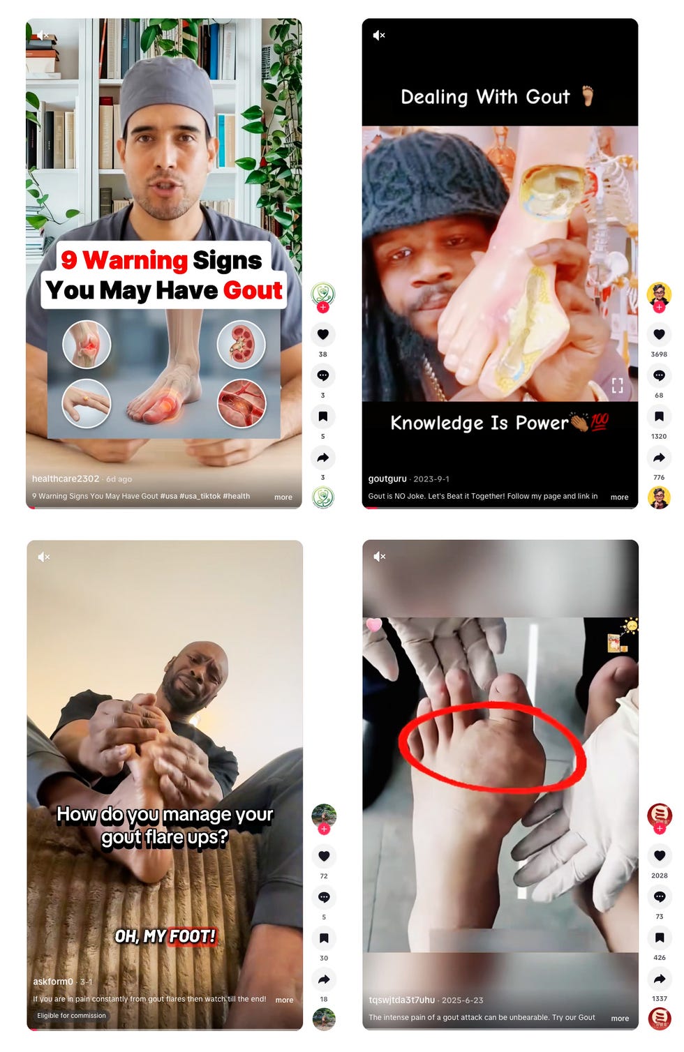 TikTok frames (clockwise from top left): @healthcare2302, @goutguru, @tqswjtda3t7uhu, @askform0.