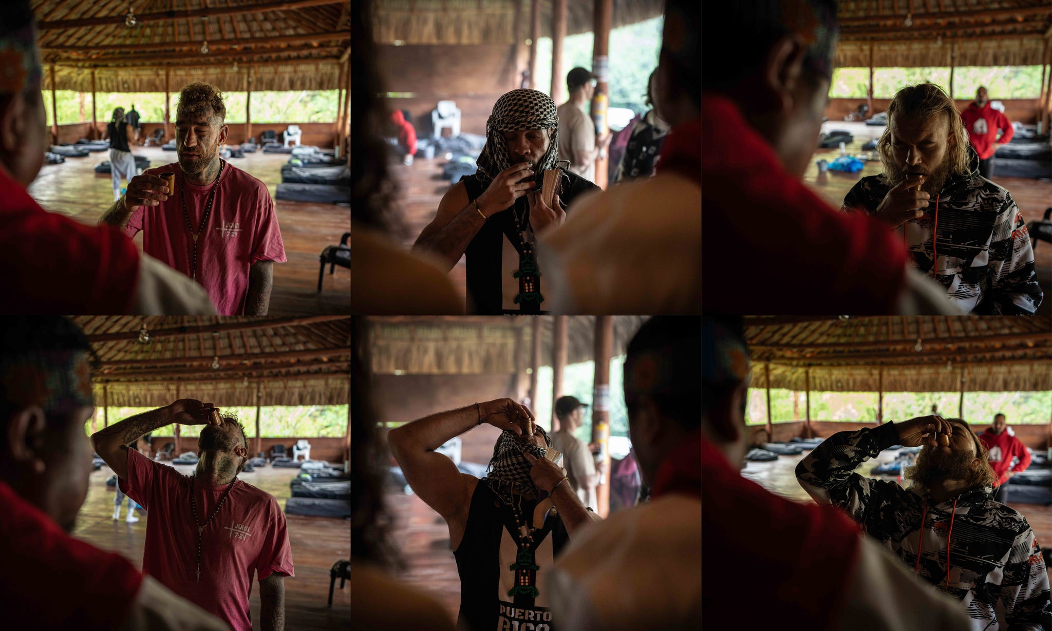 Participants engaged in a ceremonial drinking ritual in a spacious, natural light-filled setting.