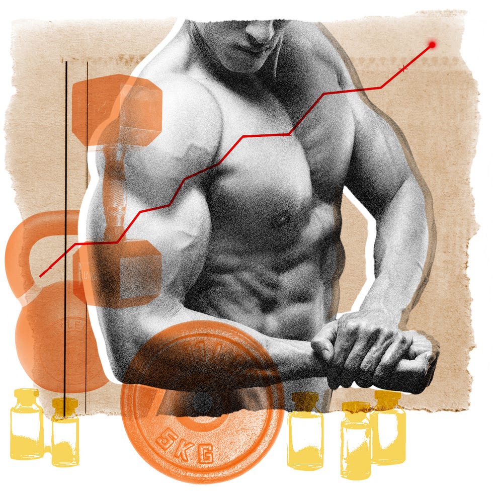A muscular person preparing to lift weights, surrounded by fitness equipment and a growth chart.