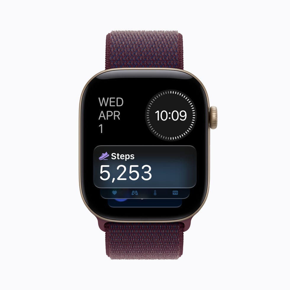 Smartwatch displaying the date, time, and step count of 5,253.