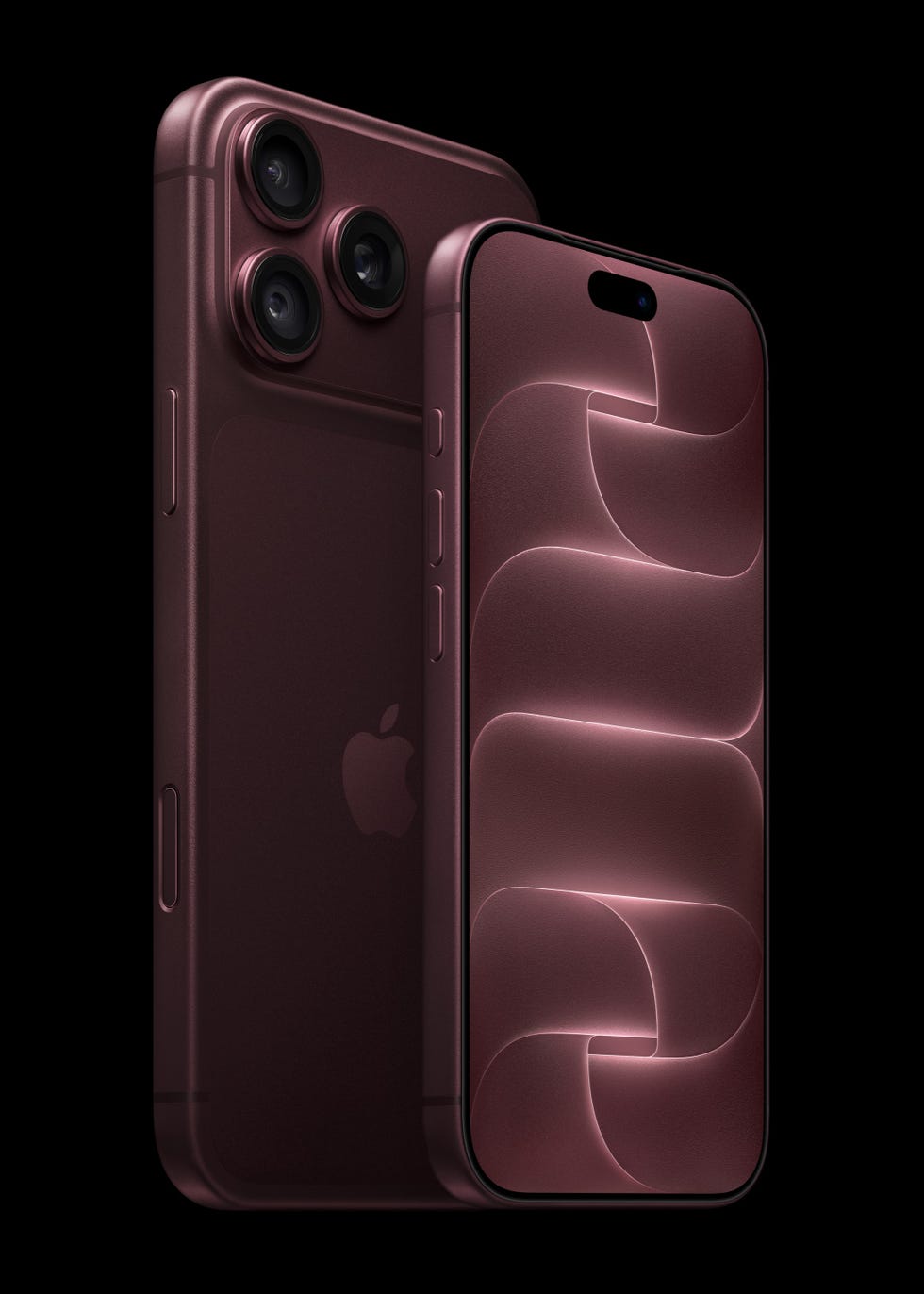 Maroon smartphone featuring a triple camera system and a sleek design on a black background.