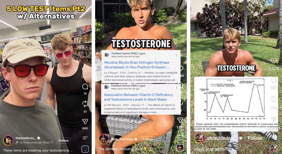 Three images discussing testosterone levels with diagrams and information on influencing factors and alternatives.