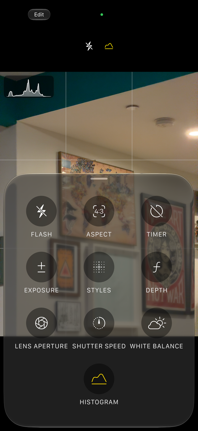 Camera settings interface featuring exposure, shutter speed, and other options on a dark background with art in the background.