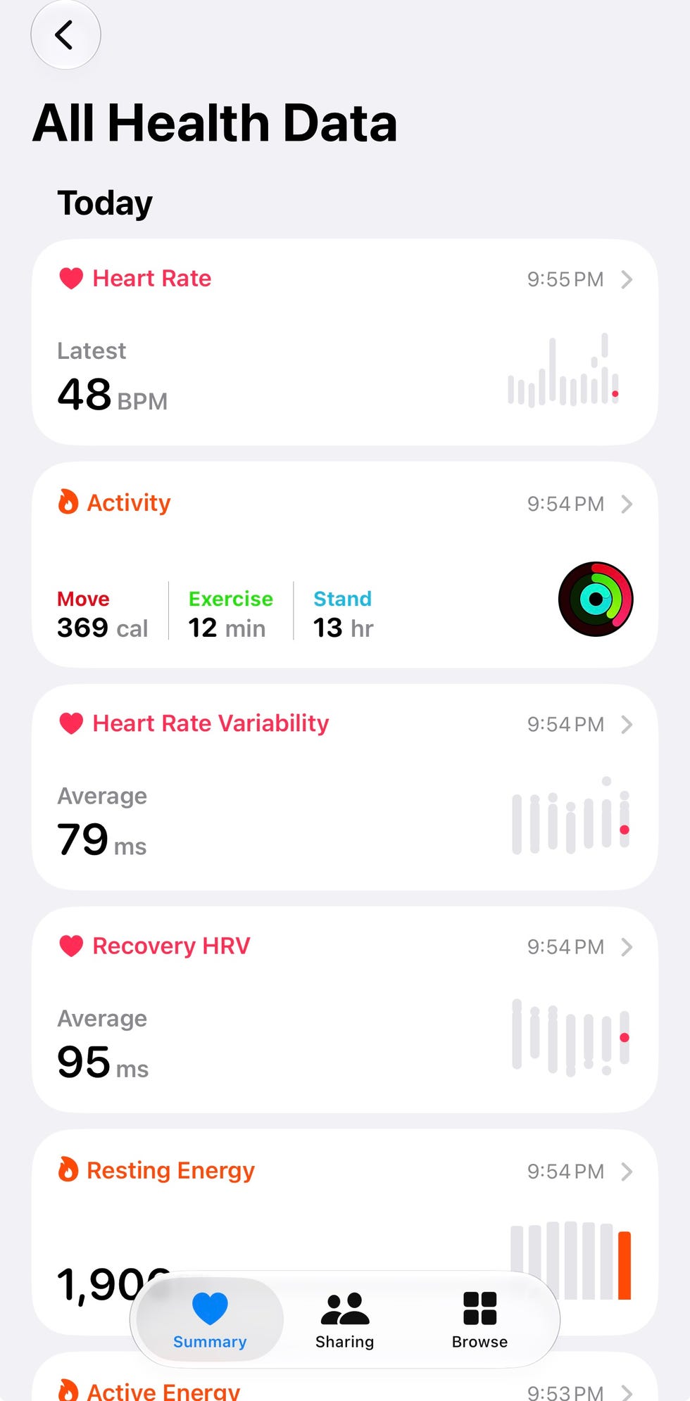 Health data summary showing heart rate, activity levels, and energy metrics for today.